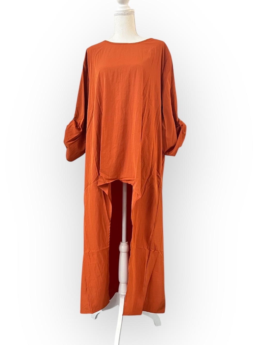 Rust Orange High Low Hem Maxi Tunic with Roll Tab Sleeves 3X